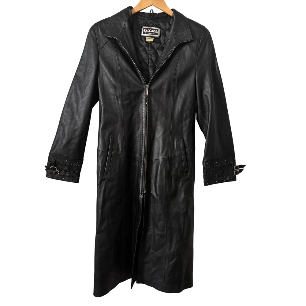 VTG Escada Exclusive Women Sz Lg Black Leather Trench Coat Full Zip Buckle Cuff
